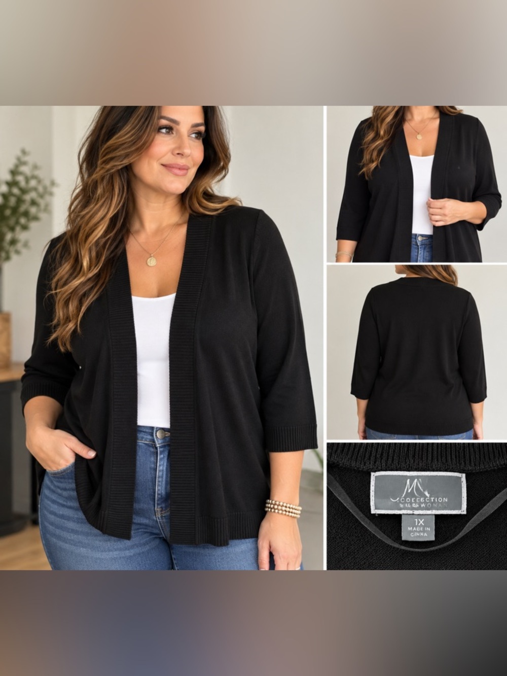 JM Collection Black Open-Front 3/4 Sleeve Cardigan Sweater